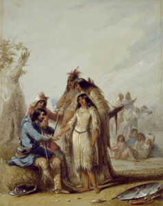 Native American diplomatic meeting with fur trader in 19th-century artwork; culturally significant exchange depicted vividly.
