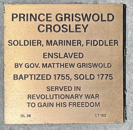 Memorial plaque for Prince Griswold Crosley, soldier, mariner, fiddler, and enslaved Revolutionary War veteran.