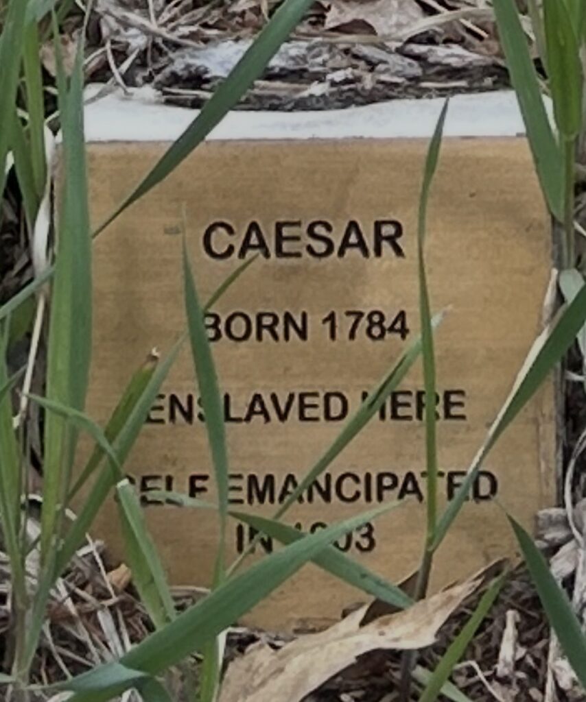 Historical plaque for Caesar, born 1784, self-emancipated from enslavement in 1803. Surrounded by grass.