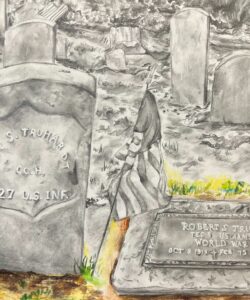 Grayscale cemetery with American flag by World War II veteran's gravestone, symbolizing honor and remembrance.