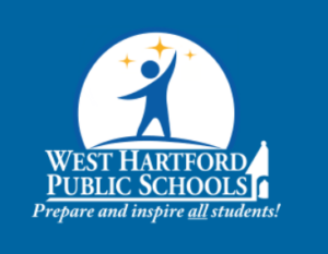 West Hartford Public Schools logo with silhouette reaching stars, slogan Prepare and inspire all students on blue background.
