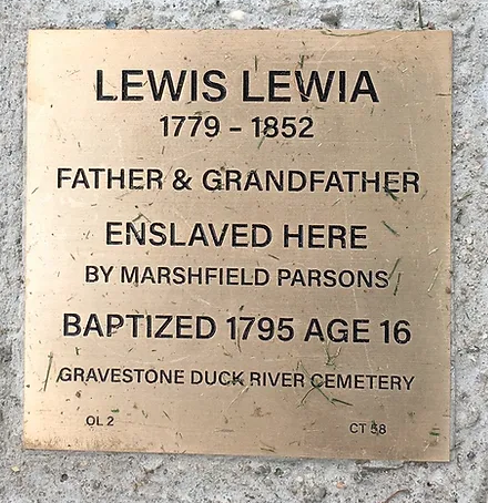 Commemorative plaque for Lewis Lewia, enslaved, baptized at 16, father, grandfather, Duck River Cemetery.