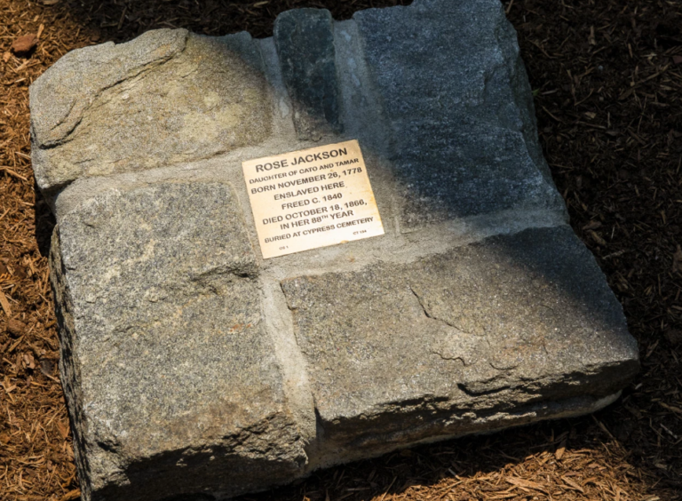 Stone memorial for Rose Jackson, honoring her life and legacy. Born 1778, freed 1840, died 1866.