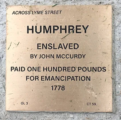 Emancipation plaque for Humphrey, enslaved by John McCurdy, freed for 100 pounds in 1778 on Lyme Street.