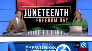 News anchors discuss Juneteenth Freedom Day on Eyewitness News set, highlighting its significance.