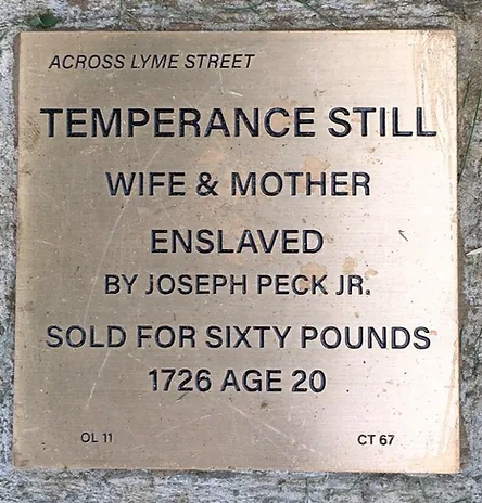 Plaque honoring Temperance Still, enslaved woman sold in 1726, highlighting historical injustices.