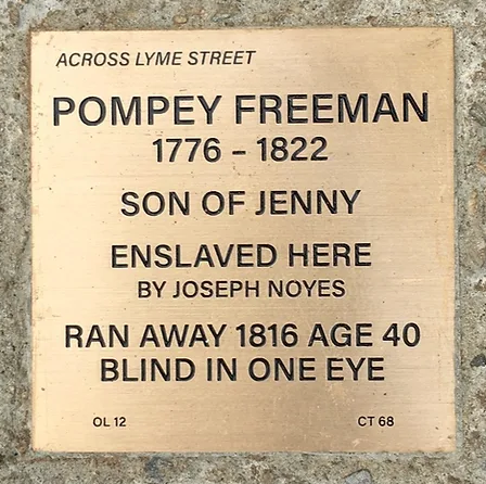 Commemorative plaque for Pompey Freeman, enslaved 1776-1822, highlighting his escape in 1816 at age 40, blind in one eye.