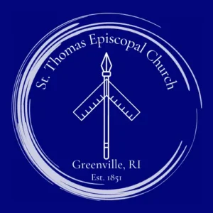 Logo of St. Thomas Episcopal Church, Greenville, RI, established 1851, featuring geometric symbols on a blue background.