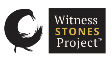The logo for the Witness Stones Project. The text is in a box to the right and there is an illustration of a bird on the left.