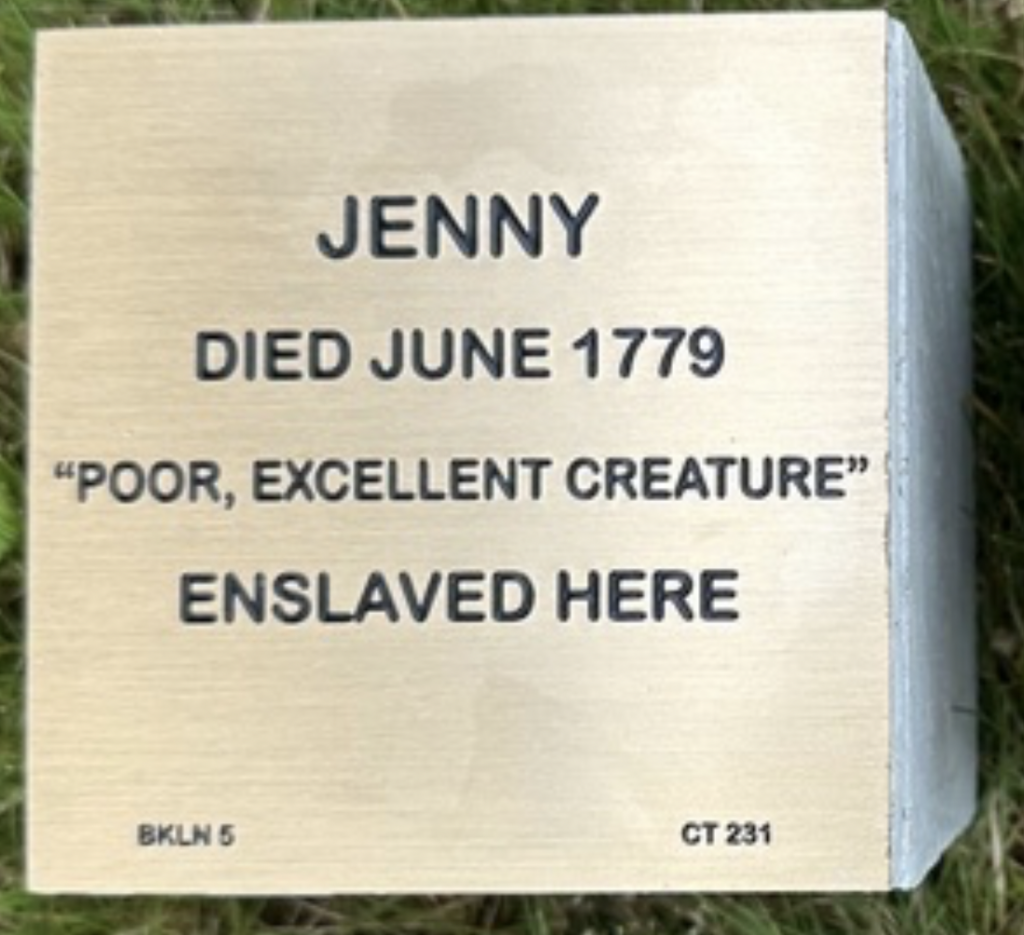 Memorial plaque for Jenny, died June 1779, inscribed with Poor, excellent creature and enslaved here.